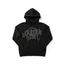 Black Zip-Up Hoodie With Streetwear Print, Unisex - Black and Graphite - View 1