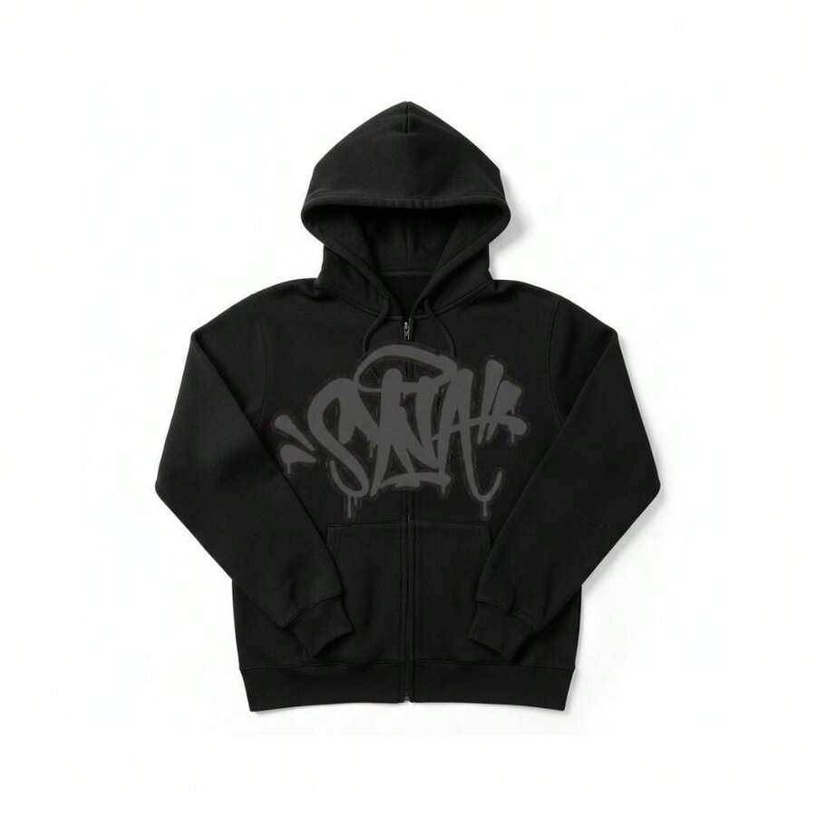 Black Zip-Up Hoodie With Streetwear Print, Unisex - Black and Graphite - View 1