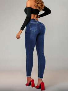 High-Waisted Rolled Hem Skinny Jeans In Dark Blue Ombre Washed Denim Fabric, Stretchy, Suitable For Daily Commute And All Seasons, Flattering Fit - Blue - View 2