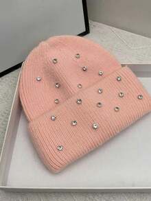 1 件装重磅缀饰兔毛和水钻无檐便帽，女士保暖厚实时尚百搭可爱针织帽，适合秋冬季 - 彩色 - 查看 11