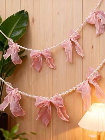 1pc Pink Pearl Ribbon Wreath, Transparent Bow Hanging Decor, Suitable For Spring, Wedding, Baby Shower, Christmas, Halloween, Mother's Day, Fireplace, Romantic Home Decor, Room Decor, Garden Decor, Wedding Decor, Home Decor, Holiday Party Ribbon, Birthday Party, Autumn/Winter Decor