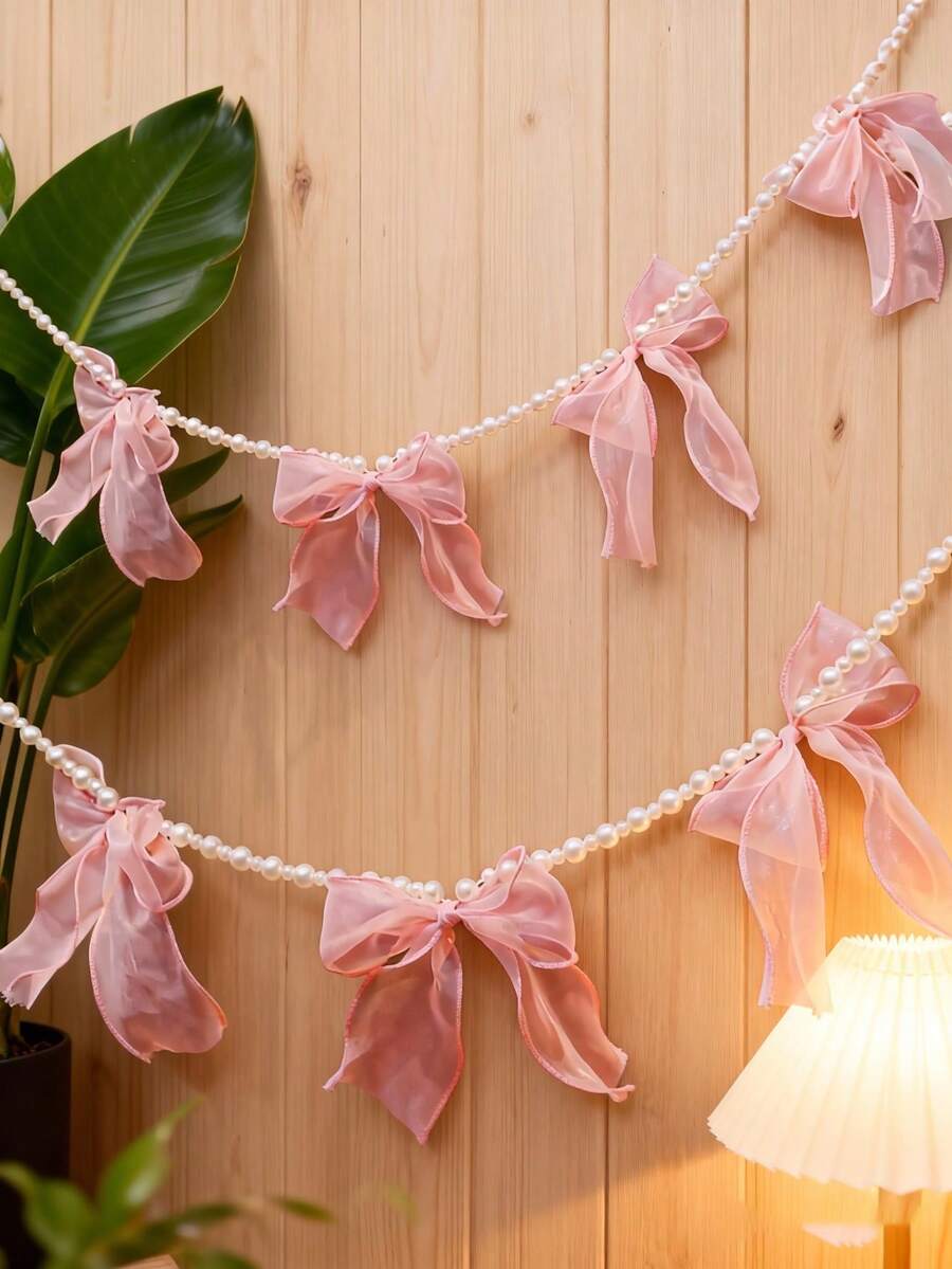 1个粉色珍珠丝带花环,透明蝴蝶结悬挂装饰,适用于春季、婚礼、婴儿派对、圣诞节、万圣节、母亲节、壁炉、浪漫家居装饰、房间装饰、花园装饰、婚礼装饰、家居装饰、节日派对丝带、生日派对、秋冬季装饰 - 彩色 - 查看 1