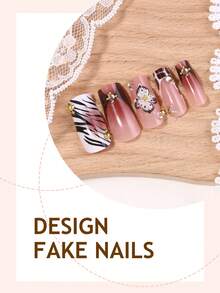 24片法式美甲贴纸，长方形渐变色，XXL/XXXL尺寸，豹纹和斑马纹装饰，3D立体花朵水钻点缀，复古风格，表面光滑，全覆盖，适合女性和女孩日常佩戴 - 彩色 - 查看 4