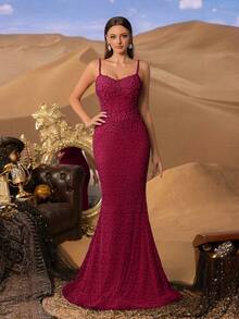 Faeriesty Đầm dạ hội dáng đuôi cá sang trọng với dây đeo mảnh và đính ngọc trai, thích hợp cho các buổi tối trang trọng và tiệc tùng | Tiệc tùng, đám cưới, thảm đỏ, tiệc sang trọng mùa xuân - Màu Đỏ Sâu - Xem 2