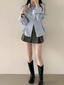 Camisa de mujer Camisa elegante y refinada de estilo coreano que estiliza la cintura, novedad de primavera. Camisa versátil de manga larga y corte holgado con botones. Camisa de manga larga, corte holgado y color liso que estiliza la cintura. Informal. - Azul - Ver 11