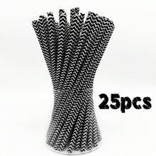 25pcs/100pcs Black Series Paper Straws, Various Printed Designs, Party Decoration Straws, Disposable Beverage Paper Straws, Suitable For Juice, Milkshake, Summer Cocktail, Graduation Party Supplies - Multicolor - View 12