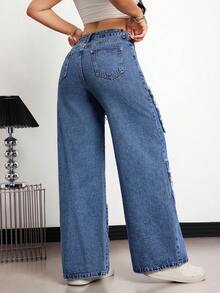 Mobula Sound 休闲优雅百搭直筒宽松女式牛仔裤，适合春夏季、休闲、度假、日常穿着、约会、旅行 - 藍色 - 查看 7