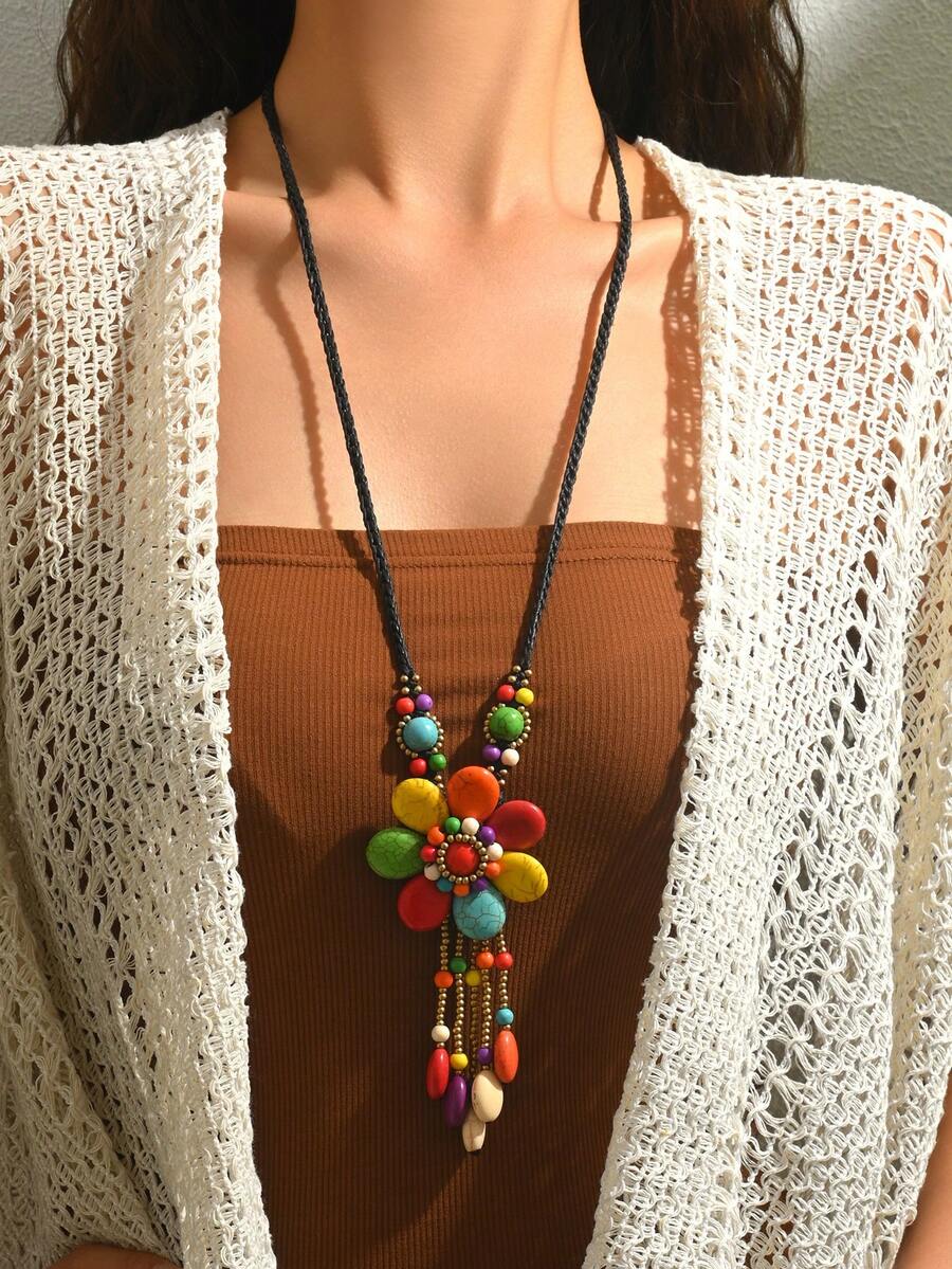 1pc Elegant Sexy Bohemian Bell, Pebble, Teardrop Turquoise Beads, Golden Seed Bead DIY Handmade Flower Tassel Pendant, Asymmetric Geometric Wave Circle Pendant With Colorful Acrylic Plate, Golden Chain Tassel Pendant Long Necklace, New Ruby Pendant Long Necklace, Women Autumn/Winter Sweater Necklace, Suitable For Daily, Party, Vacation Wear - Multicolor - View 1