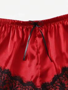 Women's Sexy Satin Lace Lingerie Set – Red Nightwear With Robe , Bralette, Shorts & Panty For Romantic Atmosphere - Đỏ - Xem 3