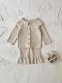 2件套幼儿女童蕾丝边彼得潘领卫衣和打底裤套装，春秋季 - 杏色 - 查看 7