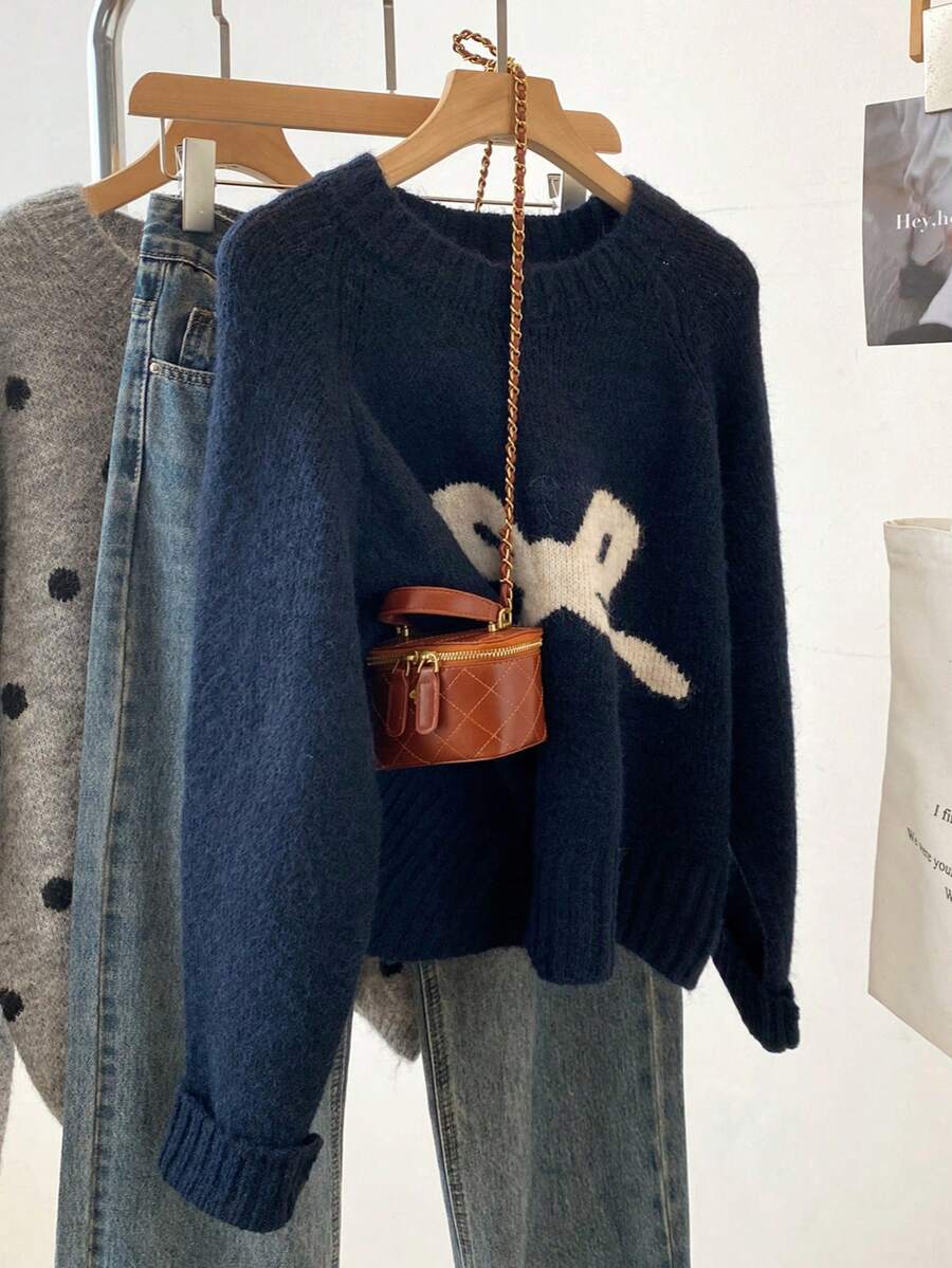 Bow Knit Sweater, Women's Ribbed Crew Neck Slim Fit Pullover Sweater, Cute & Youthful, Suitable For Spring - Navy Blue - View 1
