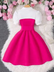 Girls Casual Polo Collar 2 In 1 Patchwork Short Sleeve Dress (Including Belt), Summer - Hot Pink - View 2