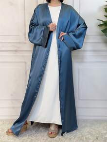 Satin Long Sleeve Arabic Robe For Women, Eid Al-Fitr - Dusty Blue - View 1