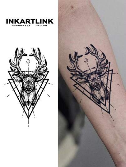  INKARTLINK Geometric Realistic Deer Tattoo | Herbal Juice Formula 15-Day Lasting | Semi-Permanent Realistic Fake Tattoo | Waterproof Sweatproof Fashionable Personalized Sticker | Animal Portrait Body Art | Music Festival Party Essential