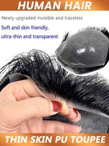 1B黑色薄款逼真合成男士假发，人发质感，自然发际线，聚酯纤维替换假发，耐用假发系统 - Natural Black - 查看 4