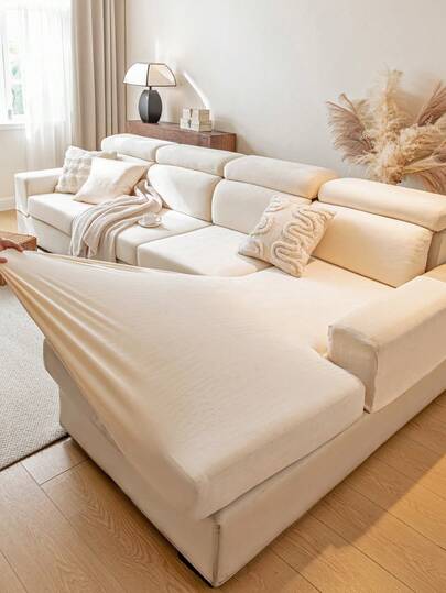 1pc Solid Beige Faux Fur Stretch Sofa Seat Cushion Cover, Decorative Protective Slipcover For Sofa, Suitable For Hotel, Bedroom, Available In Dark Grey, Black, Champagne