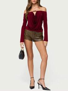 Women Spring Solid Color Long Sleeve Shirts Drape Off Shoulder Tops Going Out Party Top - Burgundy - View 4