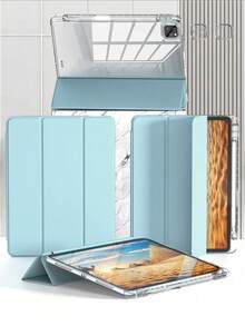 1pc Ultra-Thin Transparent 3-Fold IPad Protective Case With Stand, Shock-Proof, Pencil Slot, Suitable For IPad Mini 4/5/6, 9.7/10.2/10.5 Inch, Air 4/5/6/7, 10th/11th Gen, Pro 11 Inch, Air 11 (M2), Air 13 And Pro 11 (M4), Transparent Back Cover, High Transmittance, Customizable - Light Blue - Baby Blue - View 4