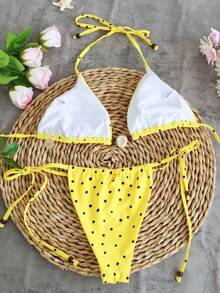 Bộ đồ bơi nữ mùa xuân/hè mới, kiểu dáng giản dị, gợi cảm, thanh lịch, họa tiết chấm bi vàng, buộc dây cổ, thích hợp cho đi biển, kỳ nghỉ, hẹn hò, tiệc tùng. - Nhiều màu - Xem 3