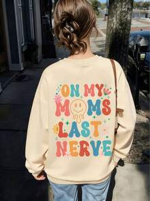 青少年女孩可爱标语印花圆领运动衫，适合休闲舒适的秋冬时尚可爱服装 - 杏色 - 查看 2