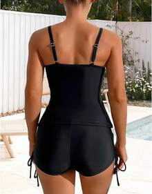 Bikini de Mujer de 2 Piezas Top Tipo Tankini con Shorts Deportivo,Escote en V,Tirantes Ajustables,Abdomen,Traje de Baño para Playa - Negro - Ver 4