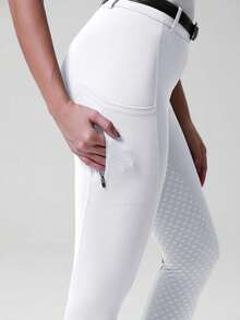 Quần cưỡi ngựa nữ dệt kim in họa tiết silicon, phối màu tương phản, dáng ôm, thích hợp cho tập luyện và các hoạt động thể thao ngoài trời, màu trắng xuân/hè. - trắng - Xem 3
