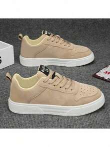 （尺码偏小）男士时尚纯色滑板鞋，舒适防滑休闲系带厚底运动鞋，适合男士户外活动。尺码 39-48（请根据鞋垫长度选择） - 米色 - 查看 2