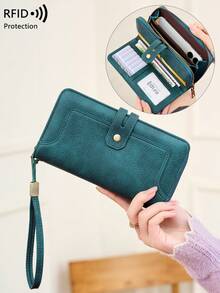 CHARM INFINITE RFID 防盗复古风女士多功能大容量卡包，可装信用卡/身份证/硬币/现金/收据，女士拉链按扣拼接手拿包，生日/周年纪念礼物，奶牛纹钱包，女士长款钱包，带腕带 - 彩色 - 查看 12