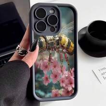 Cubierta de teléfono con diseño de robot abeja mecánica y flores de cerezo en color negro para uso diario y ocasiones creativas - Café integral - Ver 3