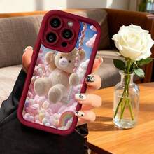 Cubierta de teléfono con diseño de oso de peluche rosa y arcoíris para iPhone 14 Pro Max funda protectora con estampado de dulces y nubes para uso diario y regalo - Burdeos - Ver 7