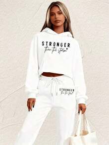 Winter Clothes For WomenLC Women's Casual- 'Stronger Than The Storm' Letter Print Hoodie, White, Loose Fit With Pockets, Perfect Autumn And Winter, Comfortable Clothing |     Loose Fit Hoodie |     Casual Daily Wear Pants, Halloween Costumes, Thanksgiving Clothing, Hoodie Autumn And Winter, Unisex Short Sleeves,,, Plus Size Fall Clothes, Sweatshirt, Fall Clothes WomenLoose And Comfortablehoodie Christmas Sweatshirt - 白色 - 查看 5