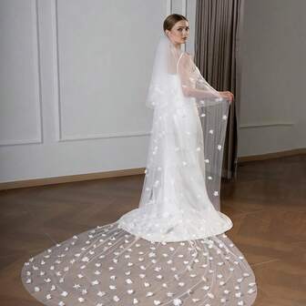 1 st romantisk chiffongblommig slöja för brud, bröllopsfotografering utomhus gräsmatta kyrka katedral släpande brudtillbehör