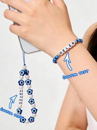 Cordón personalizado para teléfono con estrella de 5 puntas, ojo malvado, perla, cuentas con letras, cuentas azul marino y celeste, nombre personalizable, lema, fecha, adecuado para cumpleaños, aniversario, regalo, uso diario