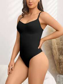 Women's Tummy-Control Spaghetti Strap Thong Seamless Shapewear Bodysuit - Black - View 4