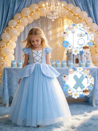 Vestido elegante de manga corta con lentejuelas y malla de color azul zafiro para niñas, combinado con corona, collar con varita mágica y accesorios de guantes, adecuado para salidas, fiestas, cumpleaños y otros eventos