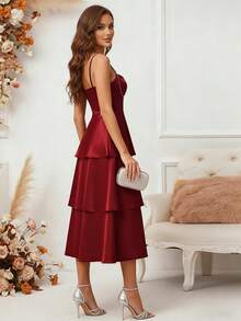 HOMEYEE Váy dự tiệc chữ A đính sequin nhiều lớp thanh lịch dành cho nữ, màu đỏ rượu, thích hợp cho tiệc sinh nhật và tụ họp - Màu Đỏ Sâu - Xem 4