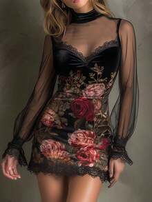 Women Turtleneck Long Sleeve Dress Sheer Mesh Lace Detail Floral Print Mini Dress - màu đen - Xem 1