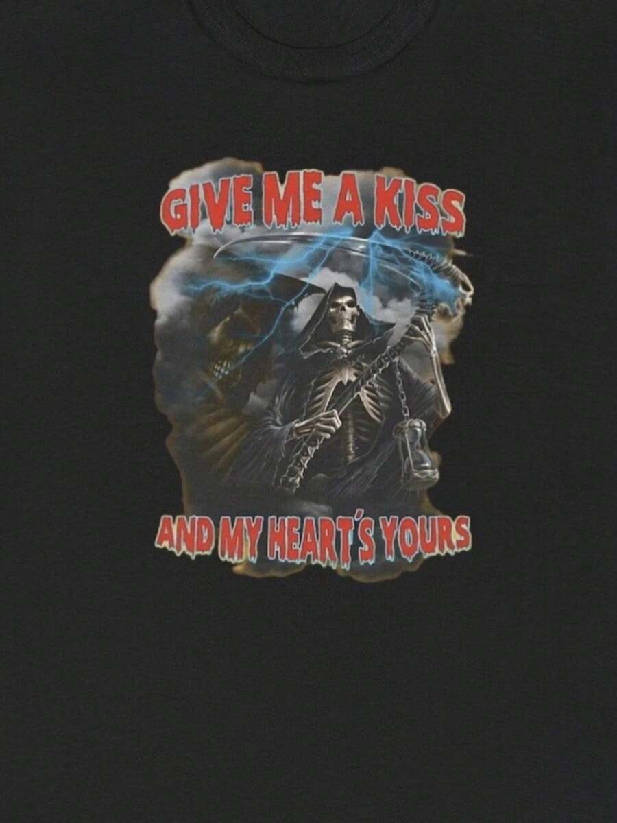 Give Me A Kiss And Hearts Yours Skeleton T Shirt Funny Hard Dank Meme Ironic Tee - màu đen - Xem 1