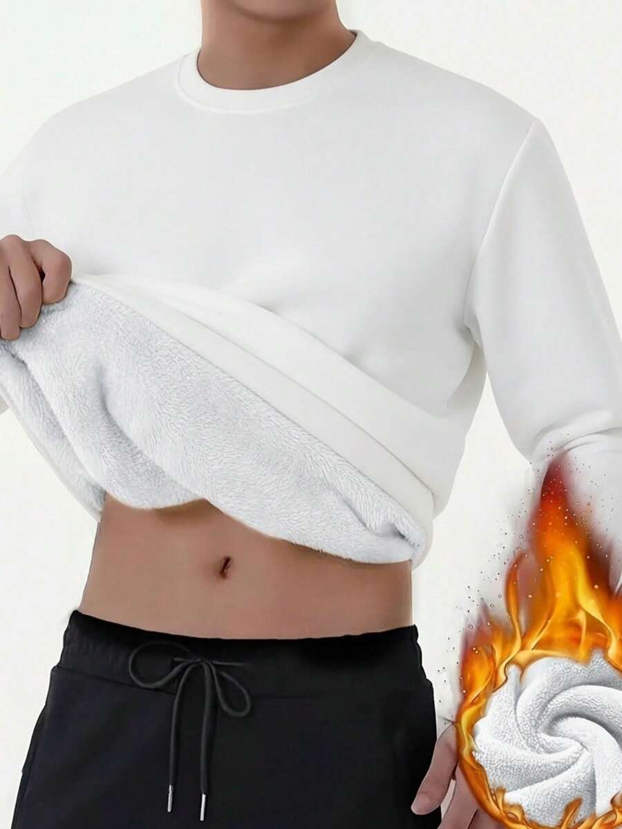 Men's Solid Color Minimalist Pullover Thermal Lined Warm Sweatshirt, Autumn/Winter - White - View 1