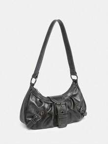 1pc Vintage Milady Softened Distressed Leather Motorcycle Bag With Rivet, Buckle And Folded Cloud Decoration; Suitable For Work, Commute, Dating, And Party - 灰色 - 查看 2