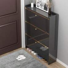 Popular Zapateros Organizador Negro Armario de Zapatos 90*17*115CM Zapatera Madera Mueble con 3 Niveles Plegable contra el Polvo Ideal para Pasillo Entrada Sala de Estar - Negro con detalles dorados - Ver 6
