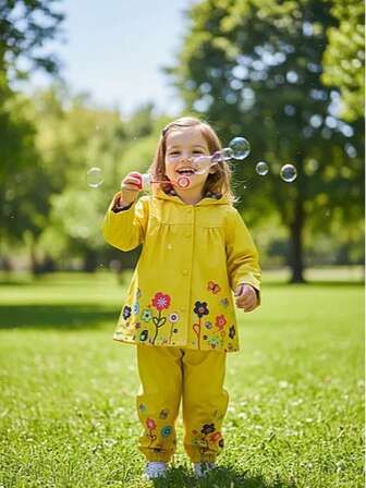 Young Girl Floral Print Waterproof Hooded Jacket + Pants 2-Piece Sportswear Set, Suitable For Outdoor