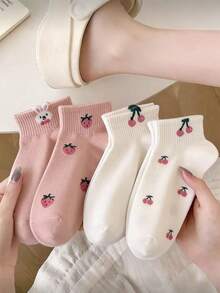 4 pares de calcetines cortos aleatorios de color rosa con diseños de conejitos de dibujos animados, rayas de cereza, lindos y sencillos - Multicolor - Ver 2