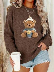 Women's Cartoon Bear Graphic White Hat, Blue Sweater With Star Cup Pattern, Casual Warm Faux Wool Pullover, Suitable For Autumn/Winter, Autumn Outfit, Warm Clothing, Winter Outfit, Jacket, Party Outfit, Holiday Outfit, Elegant Party, Cozy Home Party, Autumn Wear, Warm Clothing, Cold Weather Outfit, Outerwear Top, Graphic Tee - Dark Ochre - View 4