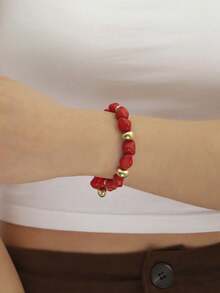 1 pieza Pulsera hecha a mano con cuentas de turquesa estilo bohemio, diseño único y versátil - Rojo - Ver 2