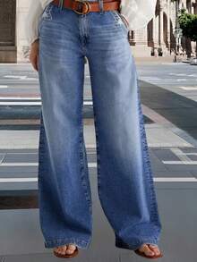 Damskie jeansy plus size, uniwersalne, elastyczne, z modnymi detalami, takimi jak kieszenie w kwiaty i ukośne kieszenie, wygodne i rozciągliwe, swobodne i modne, odpowiednie na różne okazje i różnorodne, niezbędny element garderoby. Nowe jeansy damskie z 2025 r., uniwersalne na każdą porę roku. - Niebieski - Zobacz 3