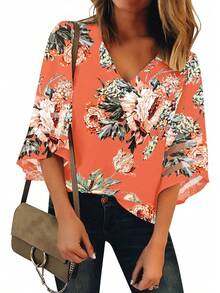 Women's Casual Blouse 3/4 Bell Sleeve Mesh Panel Loose Top, Fashionable VCAY - Pink Cradle Pink - View 6