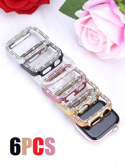 6 piezas fundas brillantes compatibles con Apple Watch de 40 mm, 41 mm, 42 mm, 44 mm, 45 mm, 46 mm y 49 mm. Con doble hilera de diamantes incrustados, resistente a golpes y hueca, de policarbonato rígido, compatible con Apple Watch Series Ultra/11/10/9/8/7/6/5/4/SE. Elegante y moderna funda para reloj de mujer, cómoda y sensible al tacto.