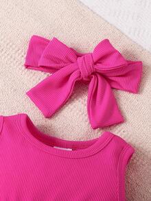 4件套女婴春夏款玫红色条纹连体衣，樱桃印花连体衣配同款发带 - 玫瑰紅 - 查看 4