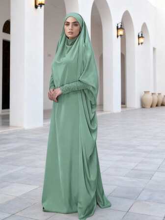 1pc Fashionable & Elegant Casual Abaya With Headscarf, Versatile Long Robe Suitable For Festivals, Home, Leisure, And Vacation